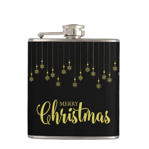Golden Snowflakes with Christmas Quote on Black Flask