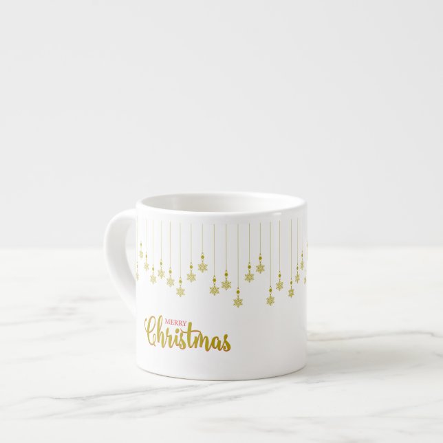 Golden Snowflakes with Merry Christmas Quote Espresso Cup (Front Left)