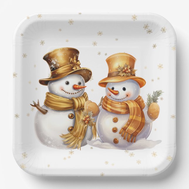 Golden Snowflakes With Snowman Paper Plates (Front)