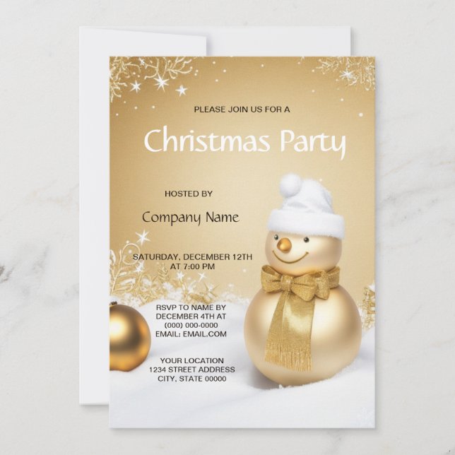 Golden Snowman Holiday Christmas Party Invitation (Front)