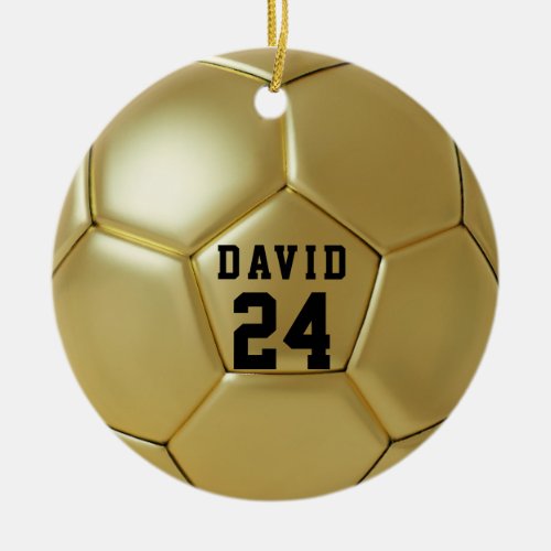 Golden Soccer Ball Personalized Name Team Number Ceramic Ornament