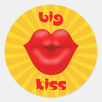 Golden Solar Rays Red Lips Big Kiss Classic Round Sticker by sumwoman at Zazzle