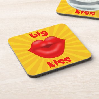 Golden Solar Rays Red Lips Big Kiss Coaster by sumwoman at Zazzle