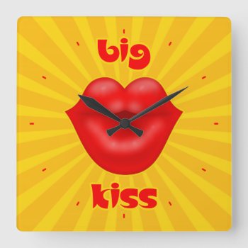 Golden Solar Rays Red Lips Big Kiss Square Wall Clock by sumwoman at Zazzle