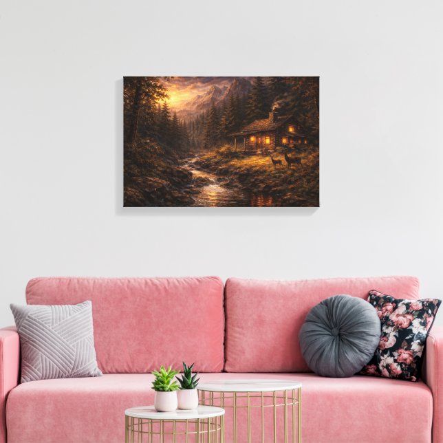 "Golden Solitude: Mountain Cabin Impasto-Style  Canvas Print (Insitu(LivingRoom))