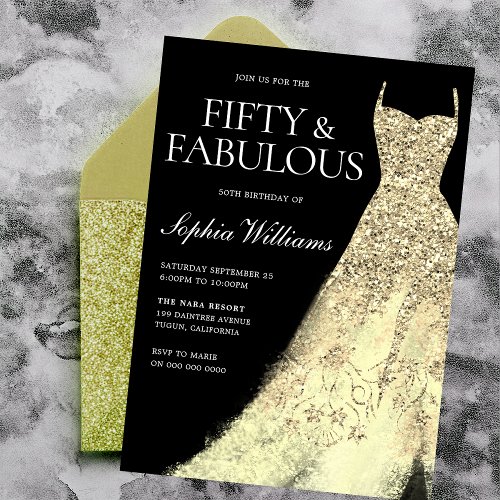 Golden Sparkle Dress Black 50th Birthday Party  Invitation