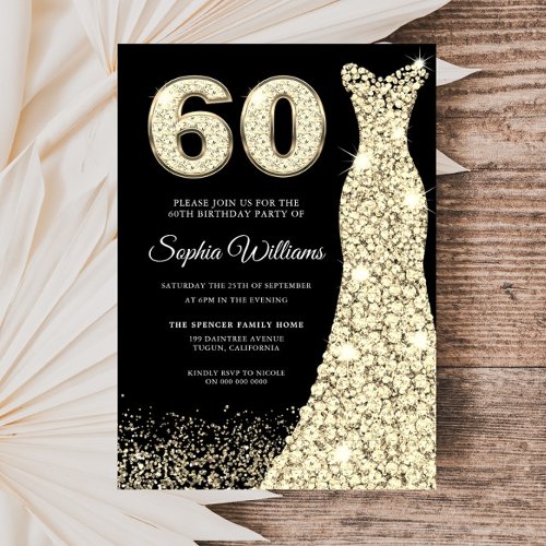 Golden Sparkle Dress Black 60th Birthday Party Invitation
