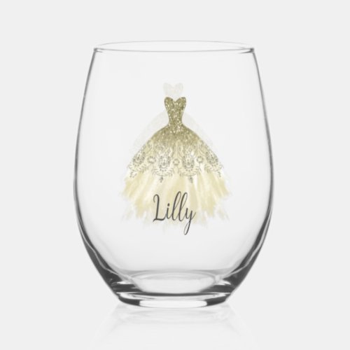 Golden Sparkle Dress For A Bridesmaid Stemless Wine Glass