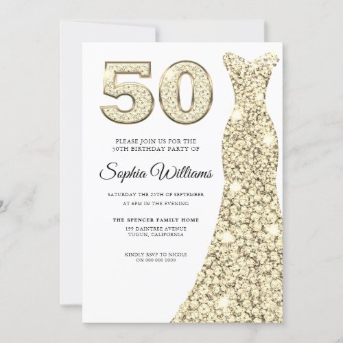 Golden Sparkle Dress Womans 50th Birthday Party Invitation