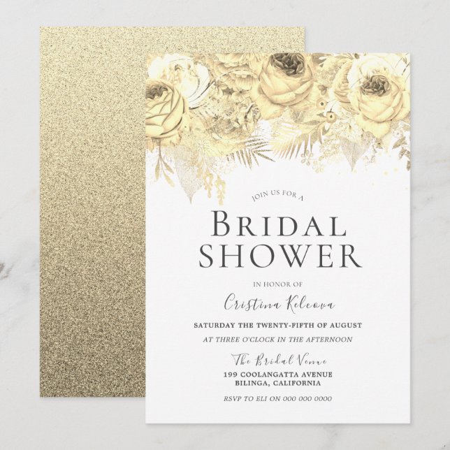Golden Sparkle Flowers Elegant Bridal Shower Invitation (Front/Back)