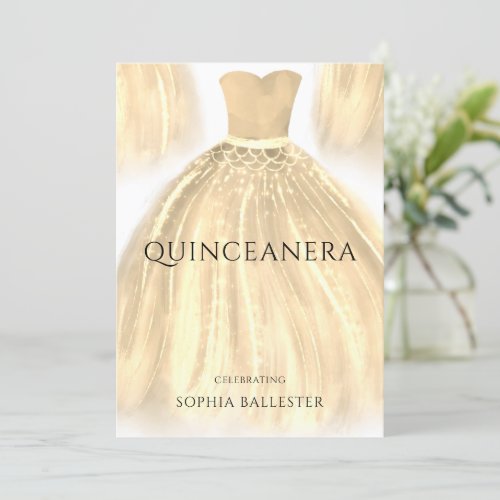 Golden Sparkle Mermaid Dress Quinceanera Party Invitation