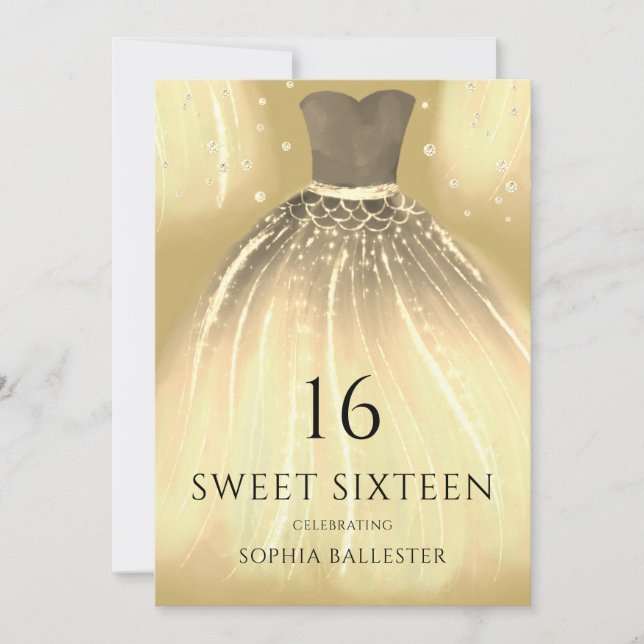 Golden Sparkle Mermaid Dress Sweet 16 Party Invitation (Front)
