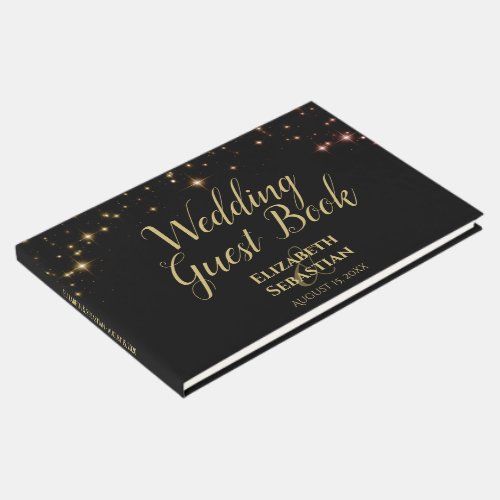 Golden Sparkle Stars on Black Elegant Wedding Guest Book