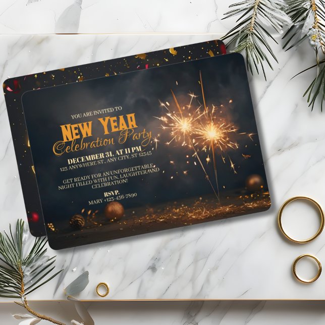 Golden Sparklers & Festive Charm Elegant New Year Invitation (Creator Uploaded)