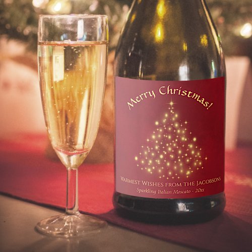 Golden Sparkles Christmas Tree on Red Holiday Sparkling Wine Label