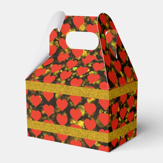 Golden Sparkles With A Red Heart Pattern Favor Box (Front Side)