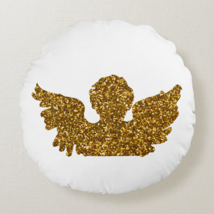 Golden Sparkling Christmas Angel Round Pillow