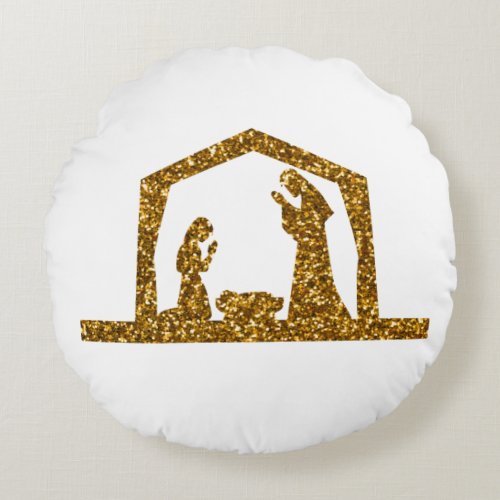 Golden Sparkling Christmas Nativity Scene Round Pillow