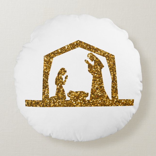 Golden Sparkling Christmas Nativity Scene Round Pillow (Front)