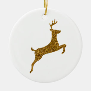 Golden Sparkling Christmas Reindeer Ceramic Ornament