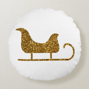 Golden Sparkling Christmas Santa's Sleigh Round Pillow