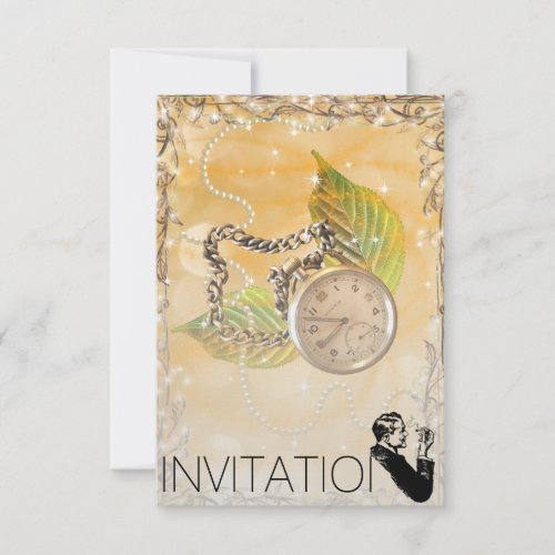 Golden Sparkling Clock Perals Gentelmen Invitation