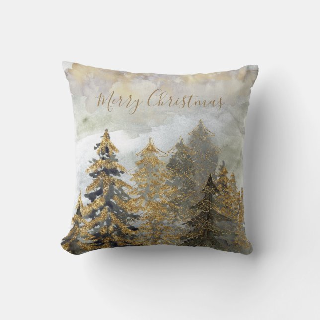 Golden Sparkling Green Christmas Trees Throw Pillow (Front)