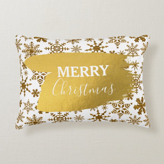 Golden Sparkling Snow Merry Christmas Accent Pillow (Front)