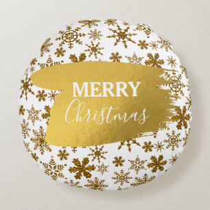 Golden Sparkling Snow Merry Christmas Round Pillow