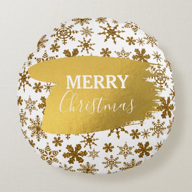 Golden Sparkling Snow Merry Christmas Round Pillow (Front)