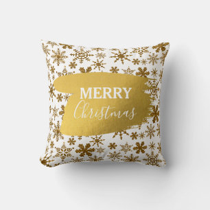 Golden Sparkling Snow Merry Christmas Throw Pillow