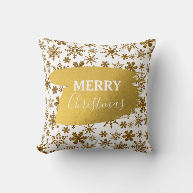 Golden Sparkling Snow Merry Christmas Throw Pillow (Front)