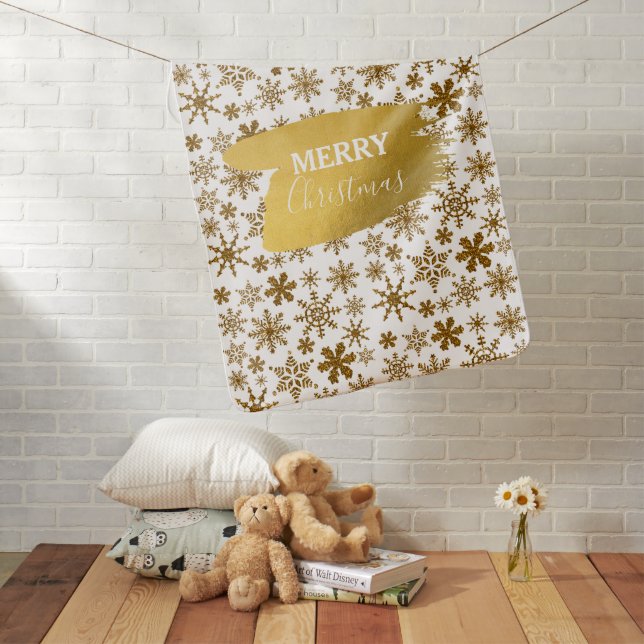 Golden Sparkling Snowflakes Merry Christmas  Baby Blanket (In Situ)