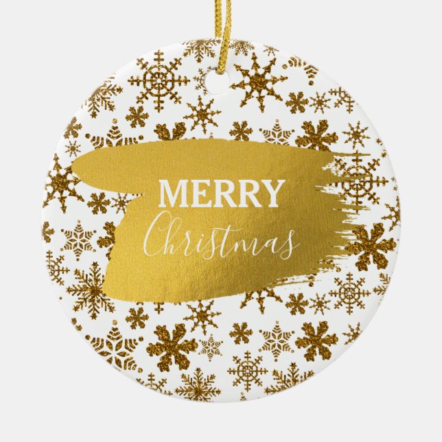 Golden Sparkling Snowflakes Merry Christmas Ceramic Ornament (Front)