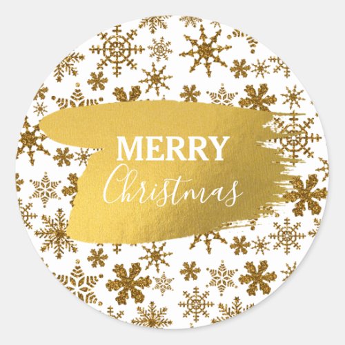 Golden Sparkling Snowflakes Merry Christmas Classic Round Sticker