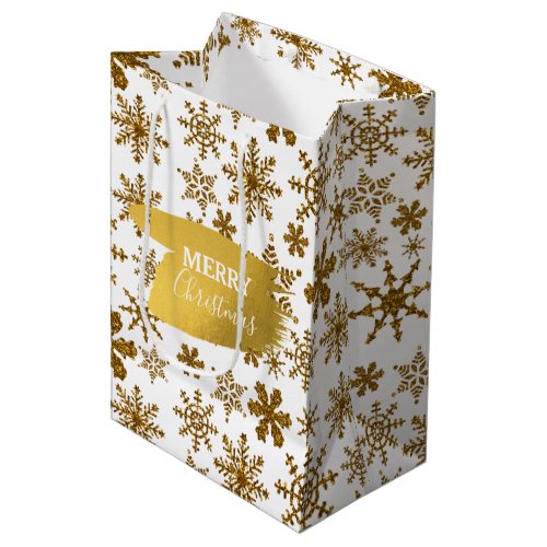 Golden Sparkling Snowflakes Merry Christmas  Medium Gift Bag