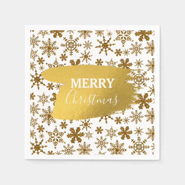 Golden Sparkling Snowflakes Merry Christmas Napkins (Front)