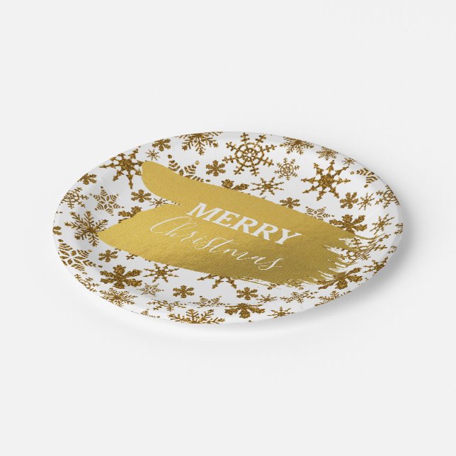 Golden Sparkling Snowflakes Merry Christmas Paper Plates (Angled)