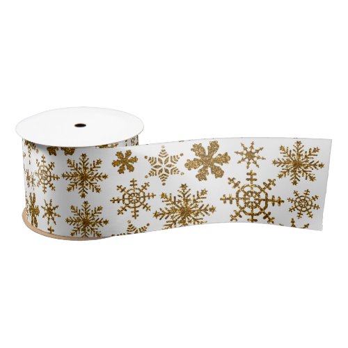 Golden Sparkling Snowflakes Merry Christmas Satin Ribbon