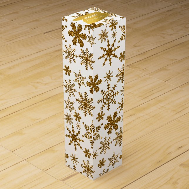 Golden Sparkling Snowflakes Merry Christmas  Wine Box (Front)