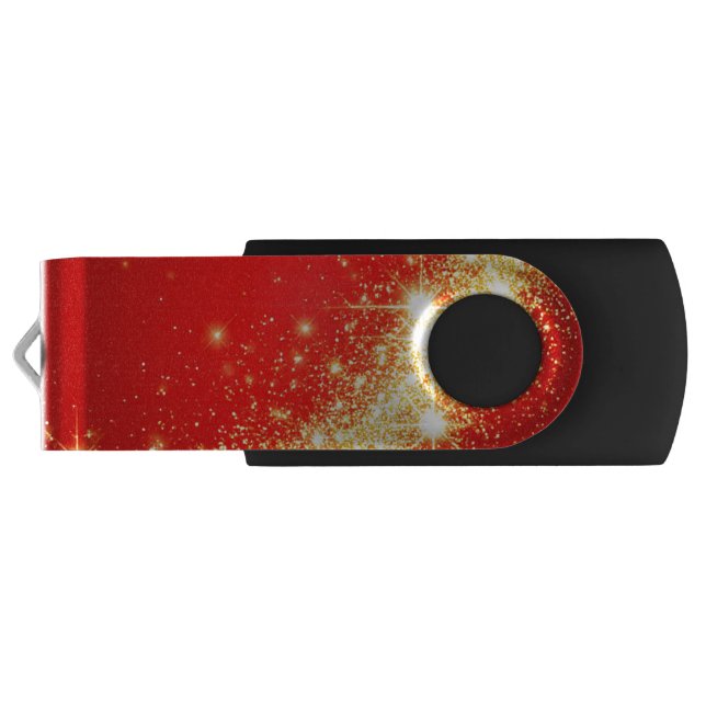 Golden Sparkling Trail on Vibrant Red Background Flash Drive (Back)