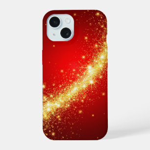 Golden Sparkling Trail on Vibrant Red Background iPhone 15 Case