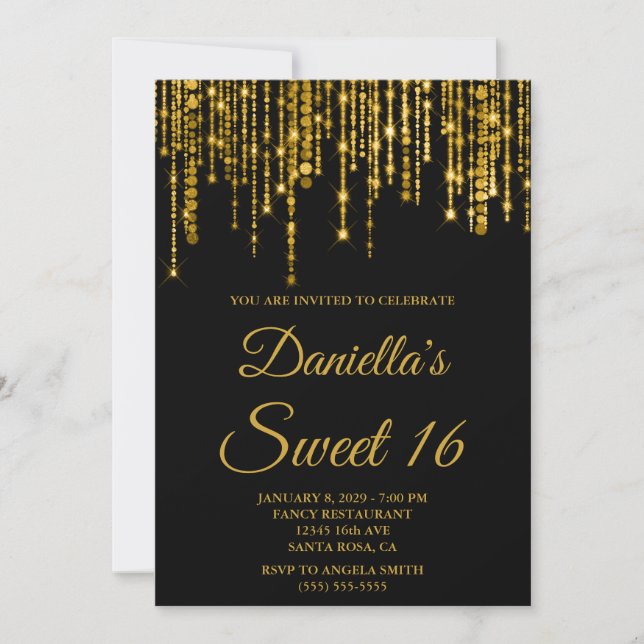 Golden Sparkly String Lights Black Sweet 16 Invitation (Front)