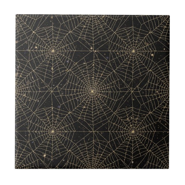Golden Spiderweb Bokeh – Elegant Halloween Web Ceramic Tile (Front)