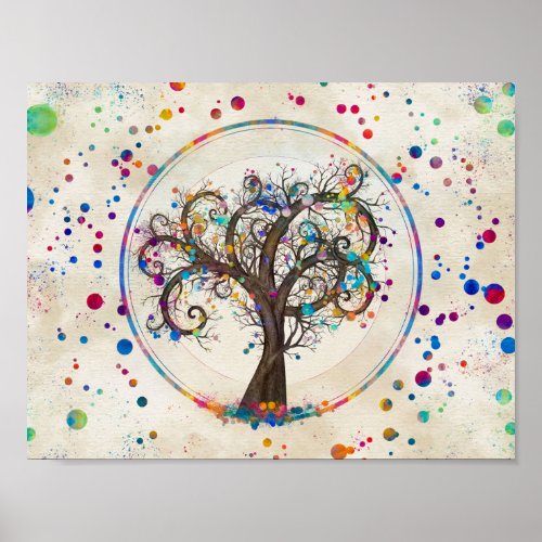 Golden Spiral Tree Color Paint Splatter  Poster