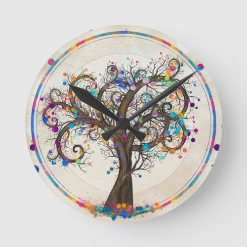 Golden Spiral Tree Color Paint Splatter  Round Clock