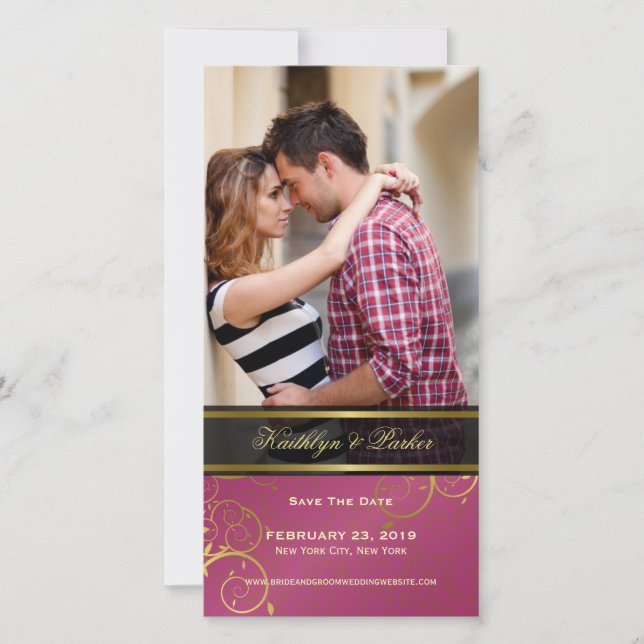 Golden Spiral Vines Chic Pink Elegant Classy Photo Save The Date (Front)