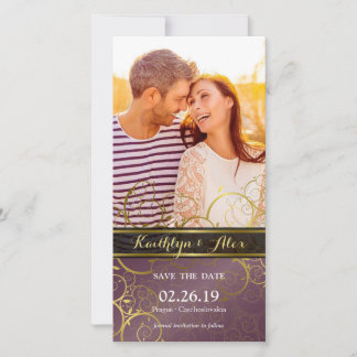 Golden Spiral Vines Purple Elegant Classy Photo Save The Date