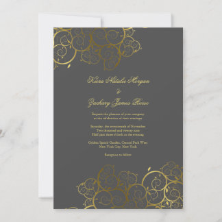 Golden Spirals Vine Classy Gray Wedding Invitation