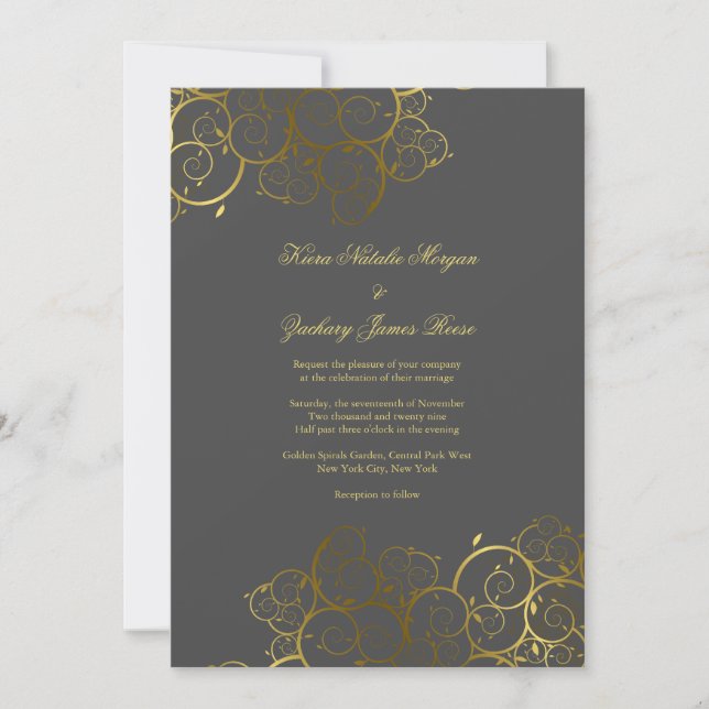 Golden Spirals Vine Classy Gray Wedding Invitation (Front)